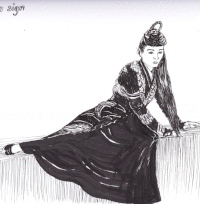 woman in long dress being alert